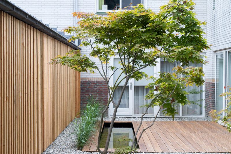 Moderne stadstuin met verticale houten lattenwand, houten vlonder, vijver en een Japanse esdoorn.