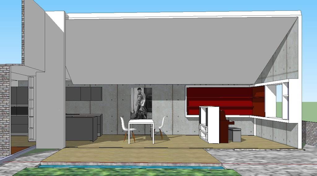 3D-ontwerp van een modern interieur met open keuken en zicht op de tuin in Amstelveen.