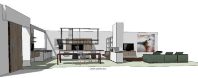 3D-ontwerp van een open woonruimte met een moderne keuken, eettafel en zithoek.