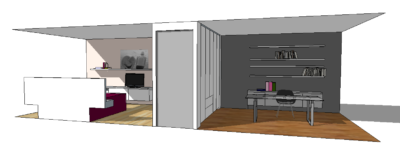 3D-ontwerp van een multifunctionele ruimte met een woonkamergedeelte en een thuiskantoor.