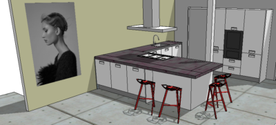 3D-ontwerp van een moderne keuken met kookeiland, barstoelen en een groot portret aan de wand.
