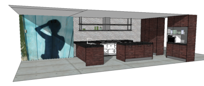 3D-ontwerp van een maatwerk keuken met donkerhouten kasten, een kookeiland en een opvallende blauwe wand.