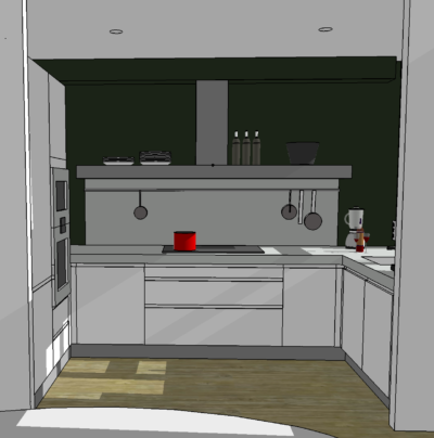 3D-ontwerp van een moderne hoekkeuken met strakke witte kasten en een donkere achterwand.