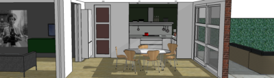 3D-ontwerp van een open woonkeuken met eethoek en zicht op de aangrenzende woonkamer.