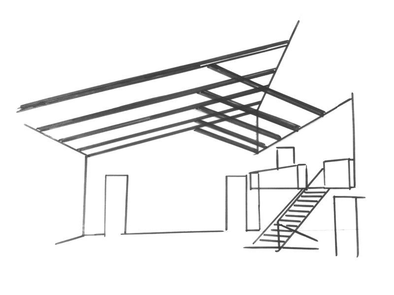 Schets van een ruimtelijk interieurontwerp met een open dakconstructie en een trap.